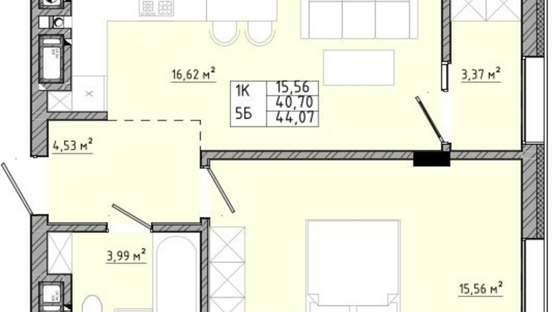 Планировка 1-комнатной квартиры в ЖК на Спортивной 44.07 м², фото 558902