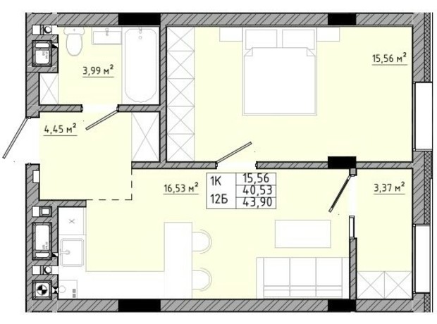 ЖК на Спортивній: планування 1-кімнатної квартири 43.9 м²