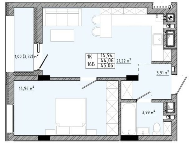 ЖК на Спортивной: планировка 1-комнатной квартиры 45.06 м²