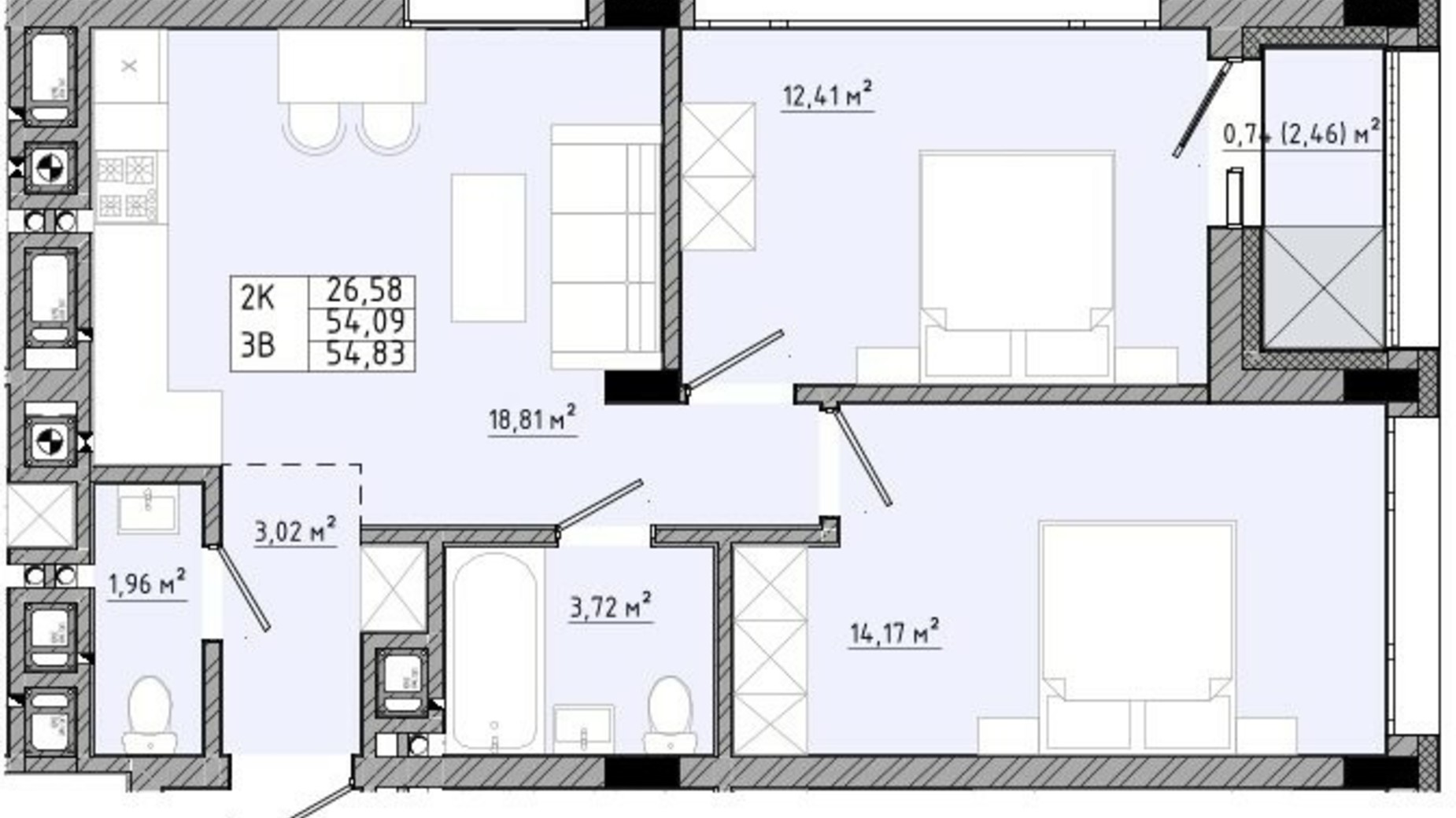 Планування 2-кімнатної квартири в ЖК на Спортивній 54.83 м², фото 558918