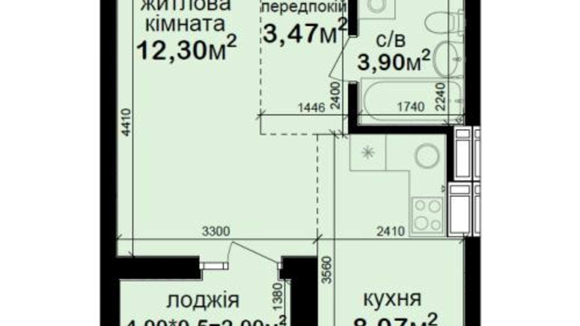 Планування 1-кімнатної квартири в ЖК Кришталеві джерела 29.74 м², фото 558934