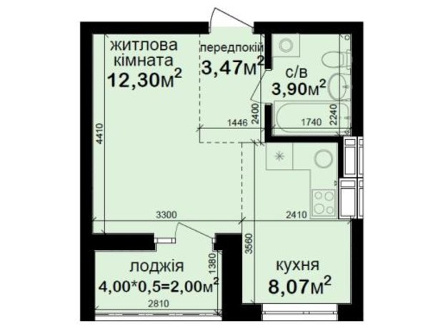 ЖК Кришталеві джерела: планировка 1-комнатной квартиры 29.74 м²