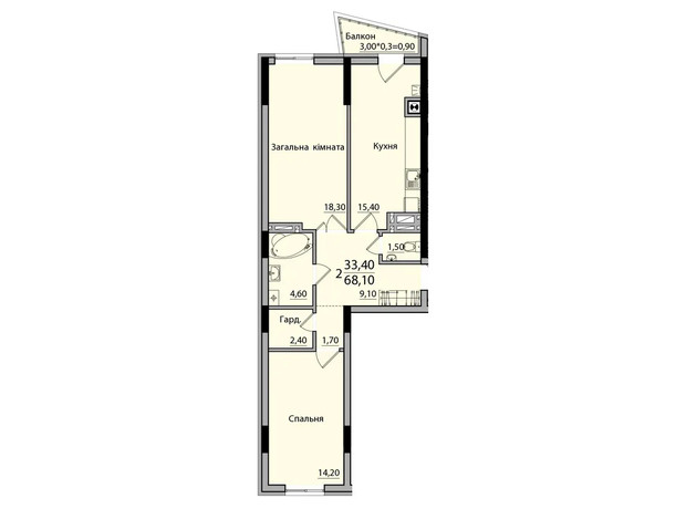 ЖК Панорама: планування 2-кімнатної квартири 68.1 м²