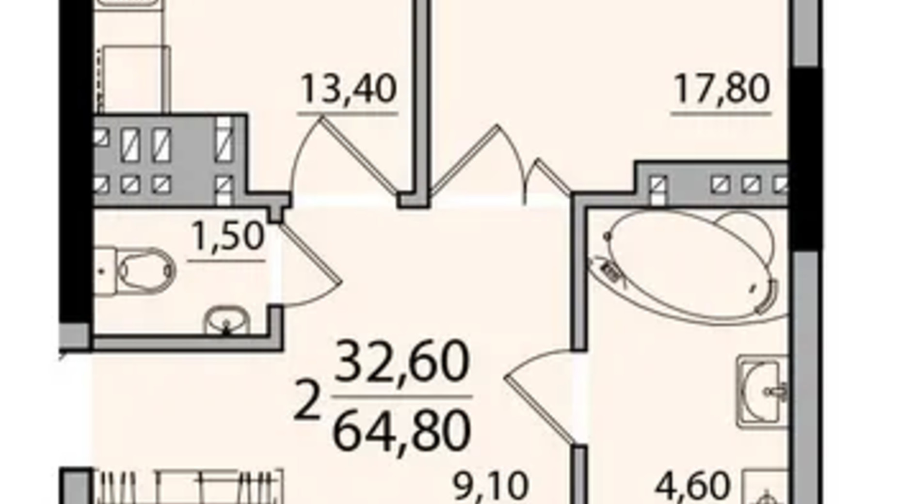 Планировка 2-комнатной квартиры в ЖК Панорама 64.8 м², фото 559169