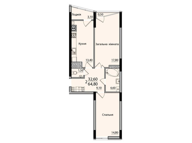 ЖК Панорама: планировка 2-комнатной квартиры 64.8 м²