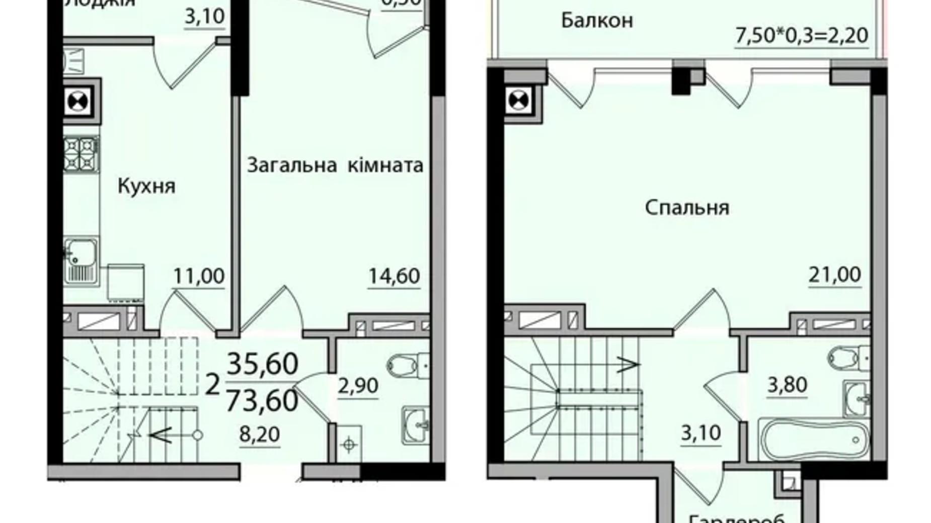 Планировка 2-комнатной квартиры в ЖК Панорама 73.6 м², фото 559170