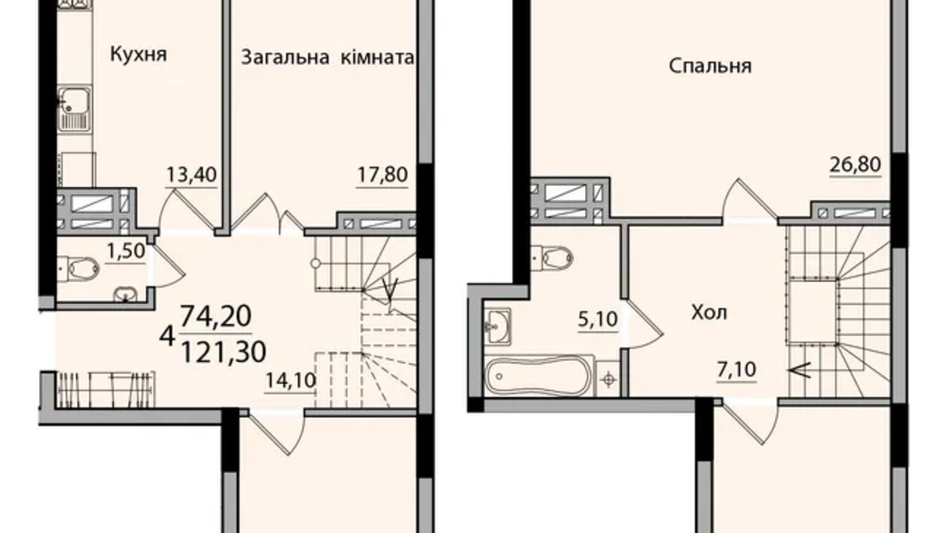 Планировка 4-комнатной квартиры в ЖК Панорама 121.3 м², фото 559174