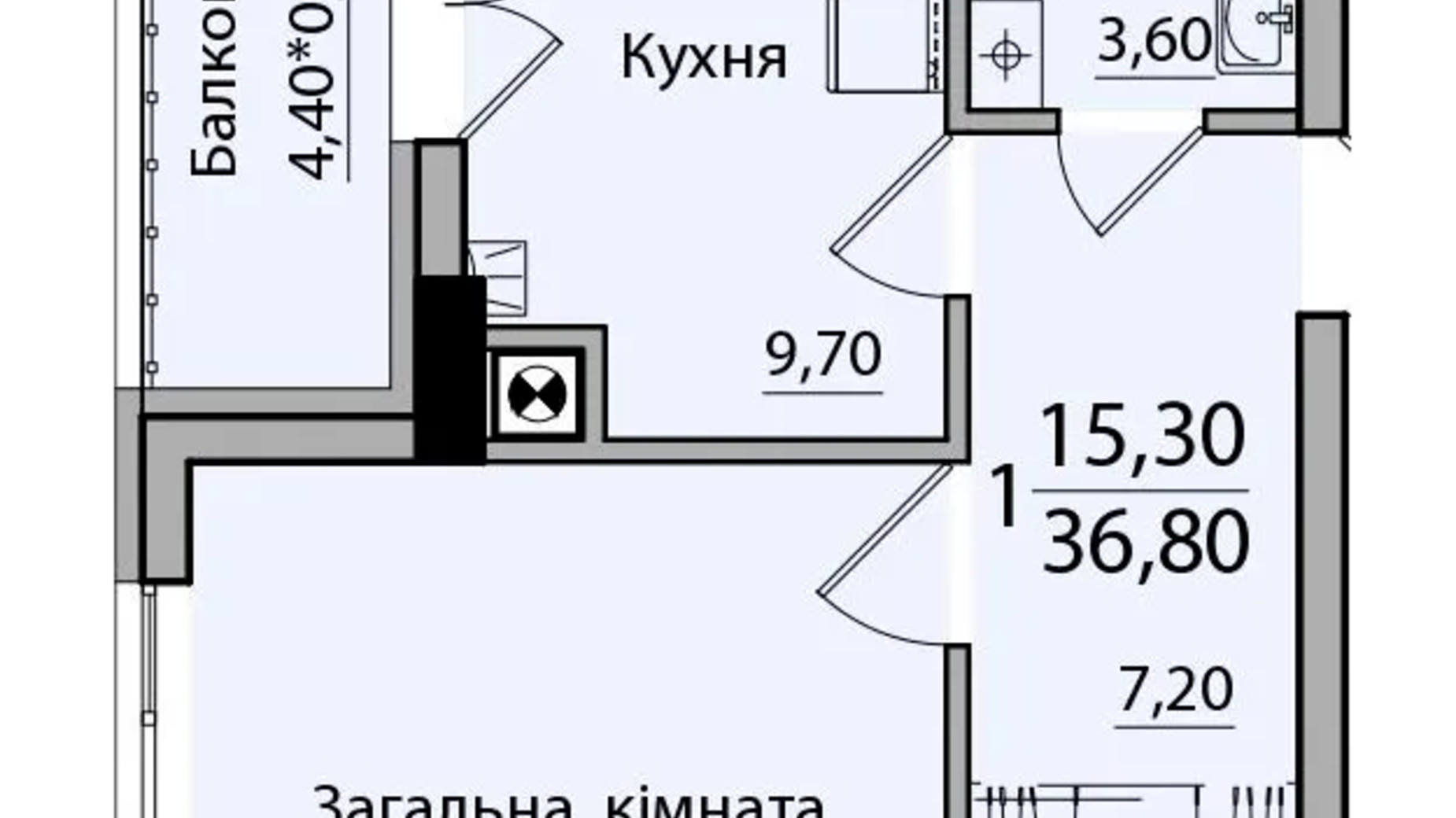 Планировка 1-комнатной квартиры в ЖК Панорама 36.8 м², фото 559175