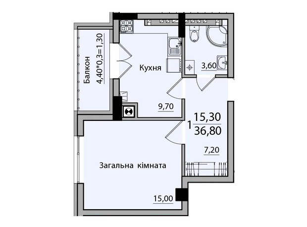 ЖК Панорама: планування 1-кімнатної квартири 36.8 м²