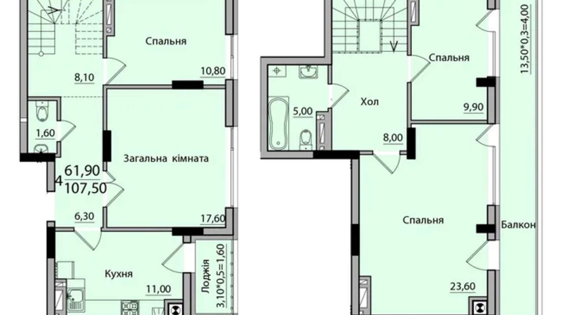 Планировка 4-комнатной квартиры в ЖК Панорама 107.5 м², фото 559179