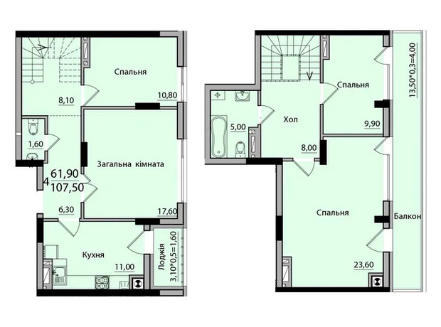 ЖК Панорама: планування 4-кімнатної квартири 107.5 м²