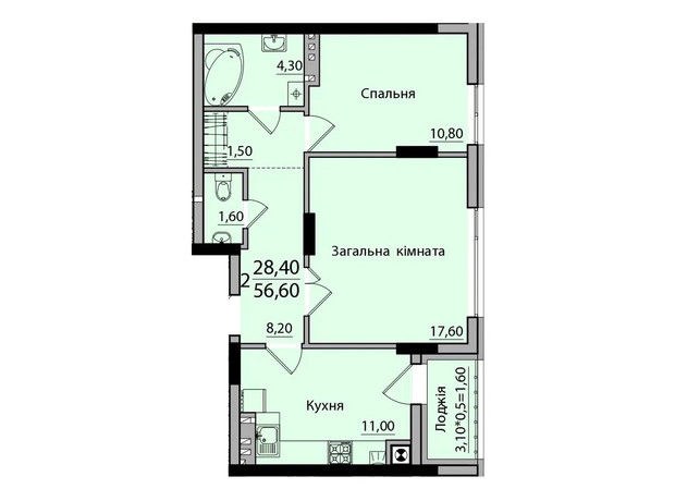 ЖК Панорама: планування 2-кімнатної квартири 56.6 м²
