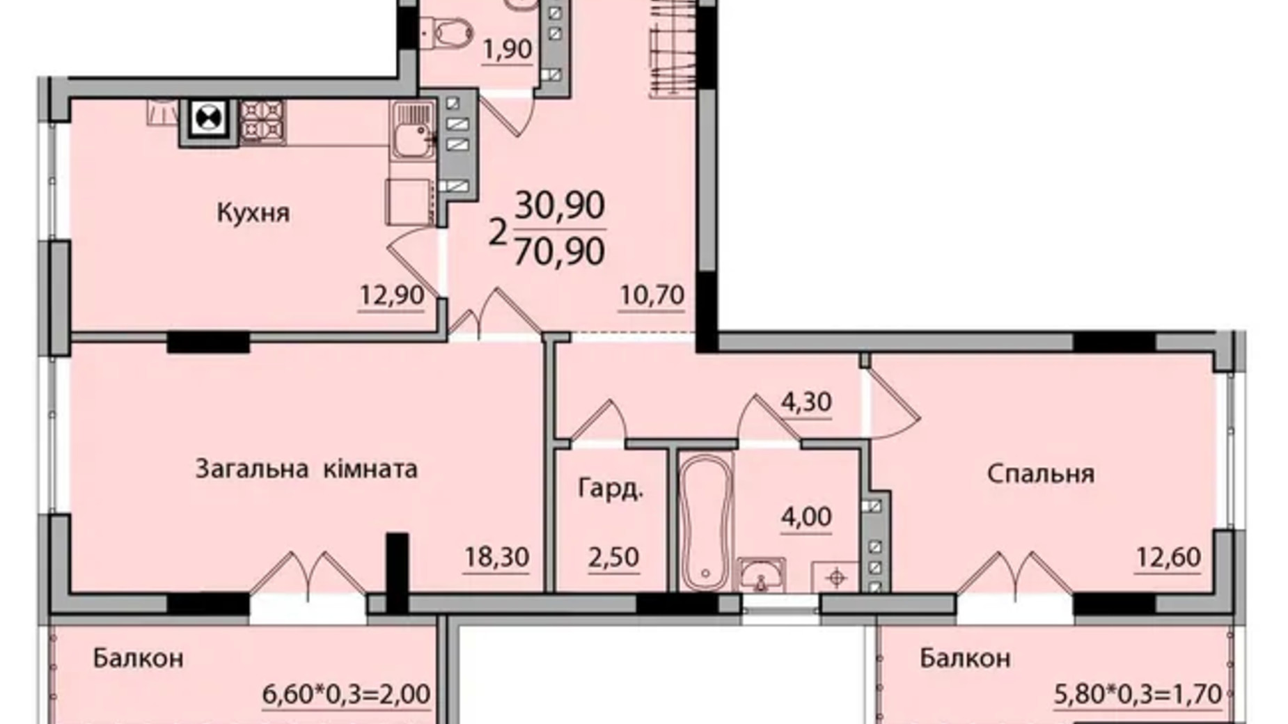 Планировка 2-комнатной квартиры в ЖК Панорама 70.9 м², фото 559182