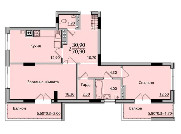 ЖК Панорама: планування 2-кімнатної квартири 70.9 м²