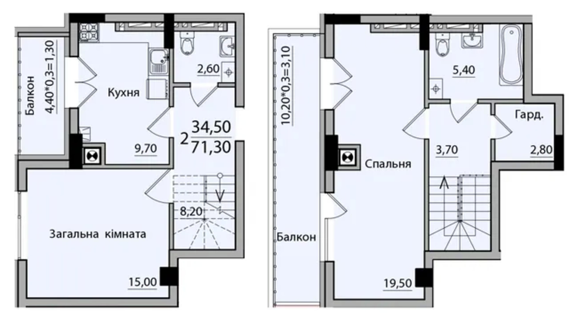 Планування 2-кімнатної квартири в ЖК Панорама 71.3 м², фото 559184