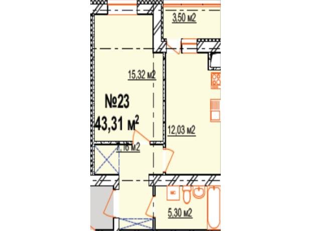 ЖК Агро центр 1: планировка 1-комнатной квартиры 43.31 м²