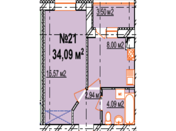 ЖК Агро центр 1: планировка 1-комнатной квартиры 34.09 м²