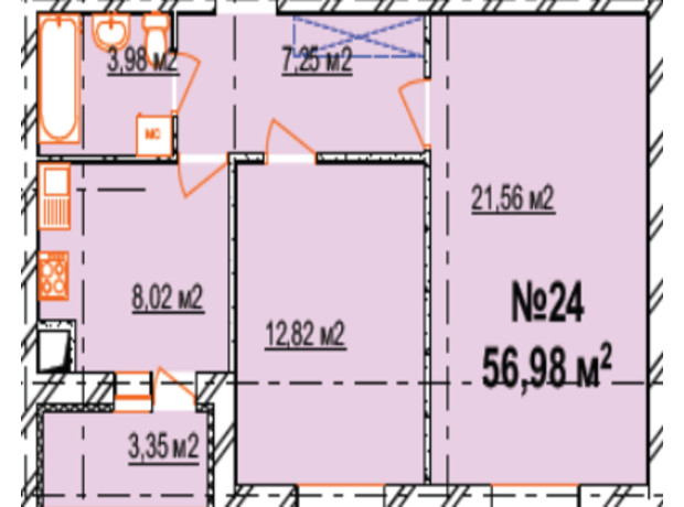 ЖК Агро центр 1: планування 2-кімнатної квартири 56.98 м²