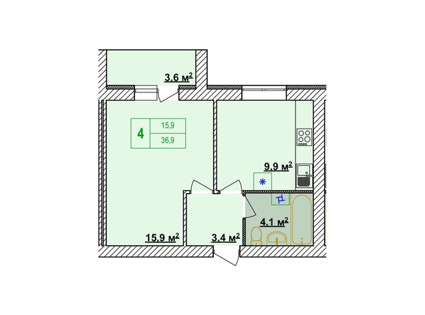 ЖК Лука Сити: планировка 1-комнатной квартиры 36.9 м²