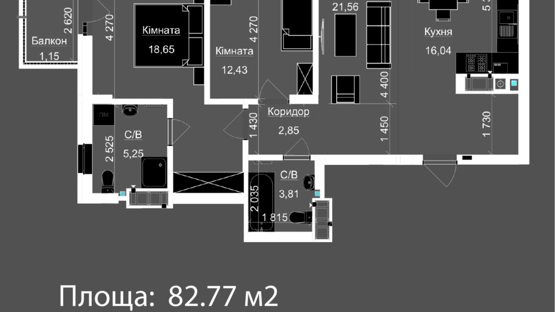 Планування 2-кімнатної квартири в ЖК Nova Magnolia 82.66 м², фото 559241