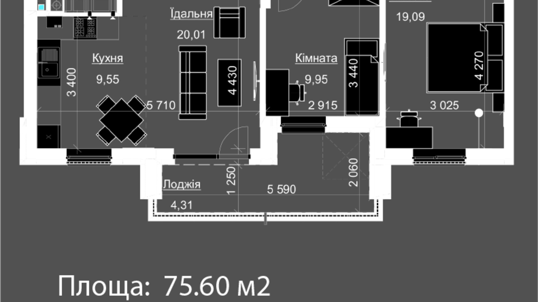 Планировка 2-комнатной квартиры в ЖК Nova Magnolia 75.43 м², фото 559250