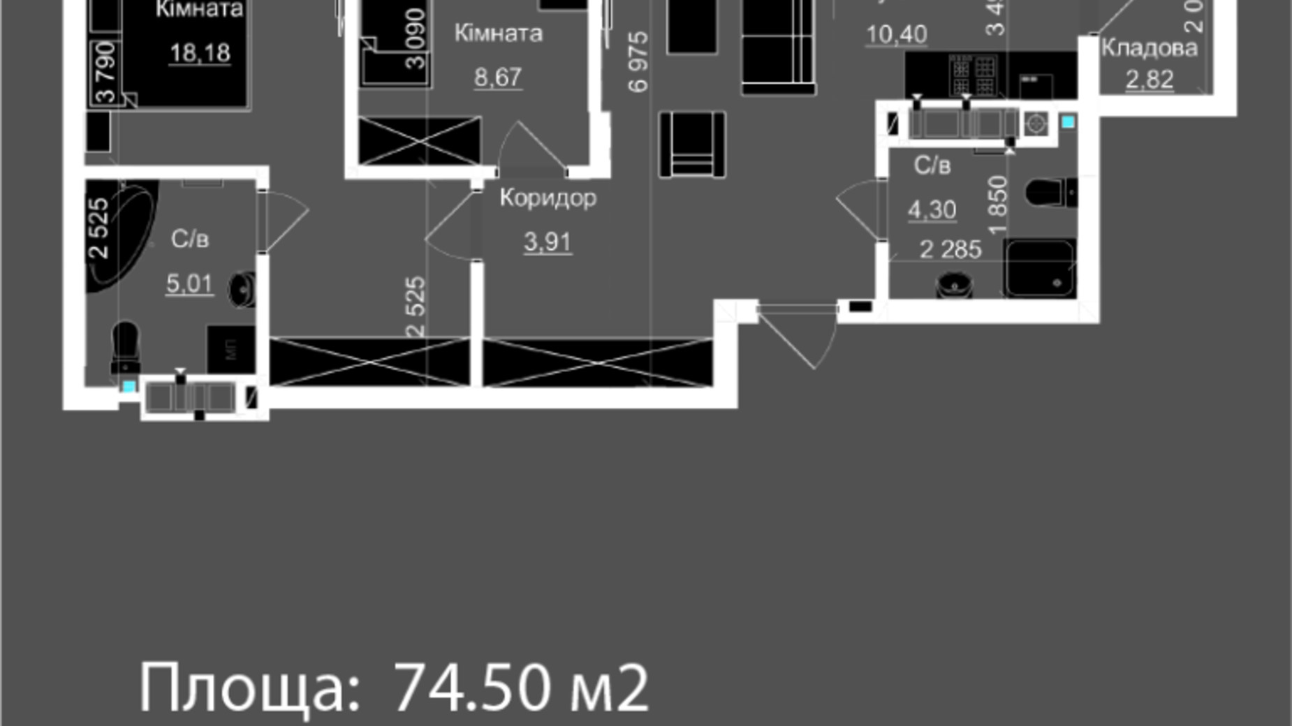 Планировка 2-комнатной квартиры в ЖК Nova Magnolia 74.5 м², фото 559254