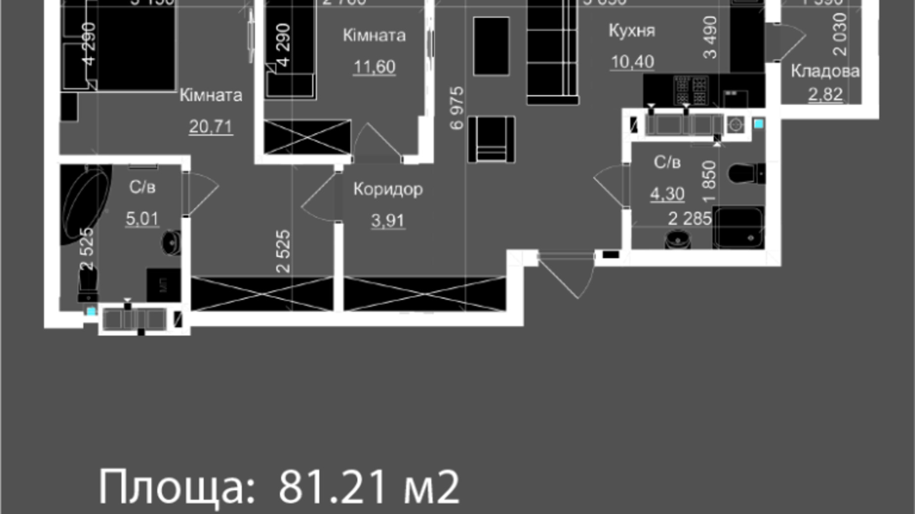 Планировка 2-комнатной квартиры в ЖК Nova Magnolia 81.21 м², фото 559257