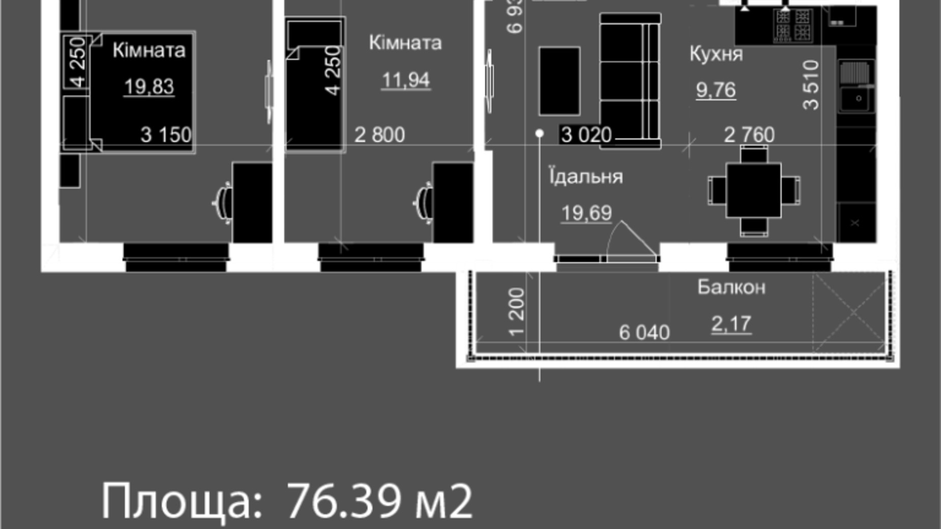 Планировка 2-комнатной квартиры в ЖК Nova Magnolia 76.39 м², фото 559261