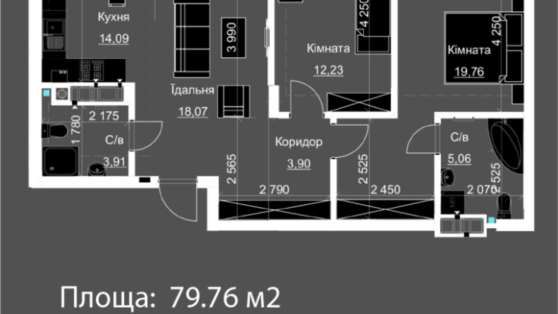 Планування 2-кімнатної квартири в ЖК Nova Magnolia 79.76 м², фото 559265