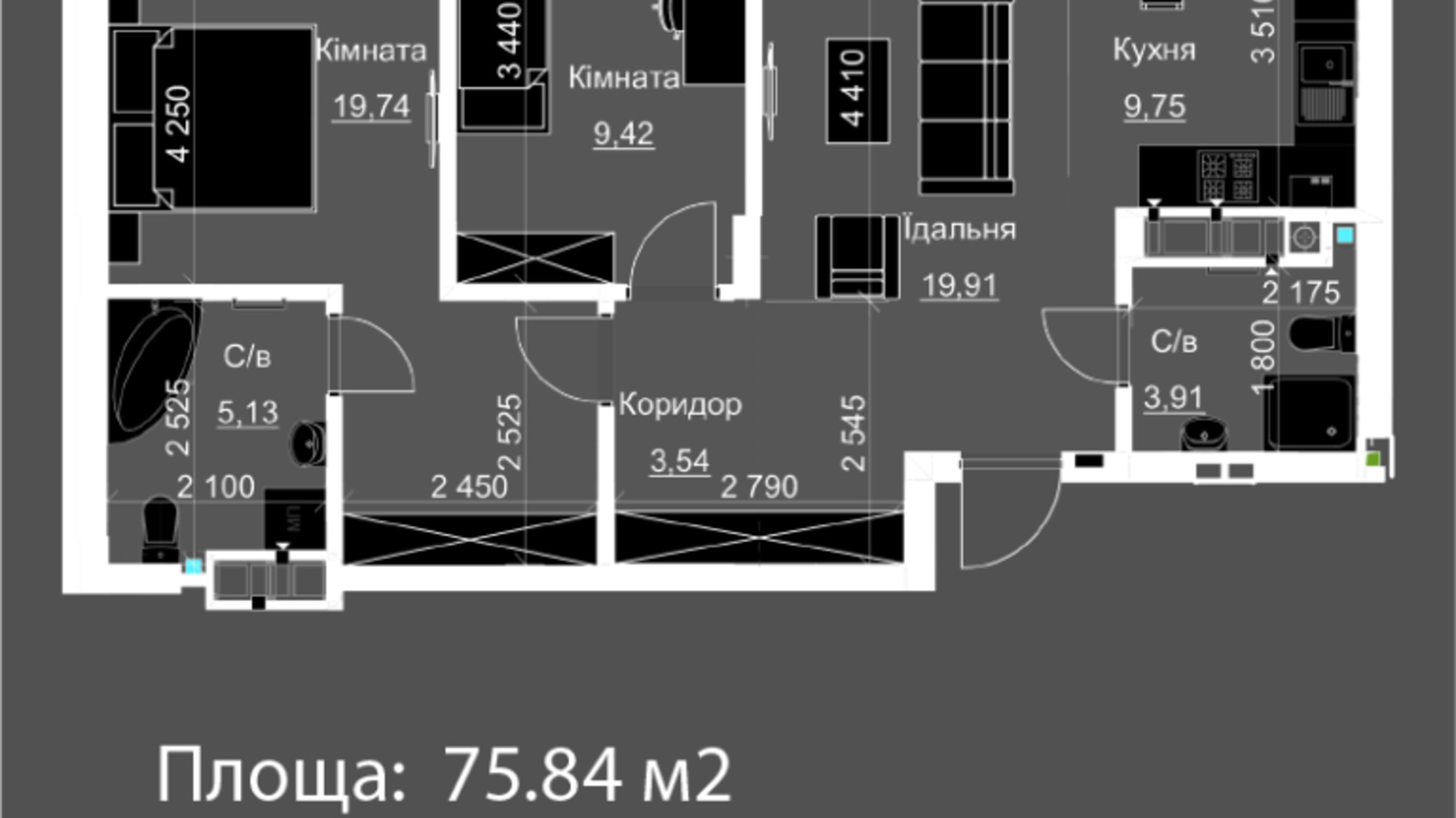 Планировка 2-комнатной квартиры в ЖК Nova Magnolia 75.84 м², фото 559271