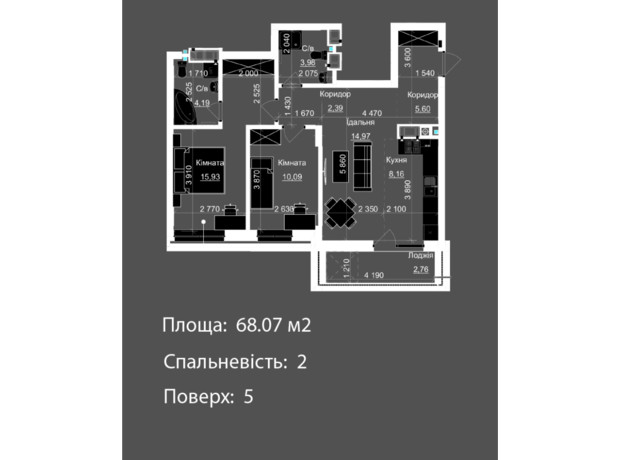 ЖК Nova Magnolia: планування 2-кімнатної квартири 68.07 м²