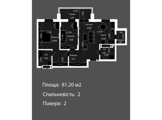 ЖК Nova Magnolia: планировка 2-комнатной квартиры 81.2 м²