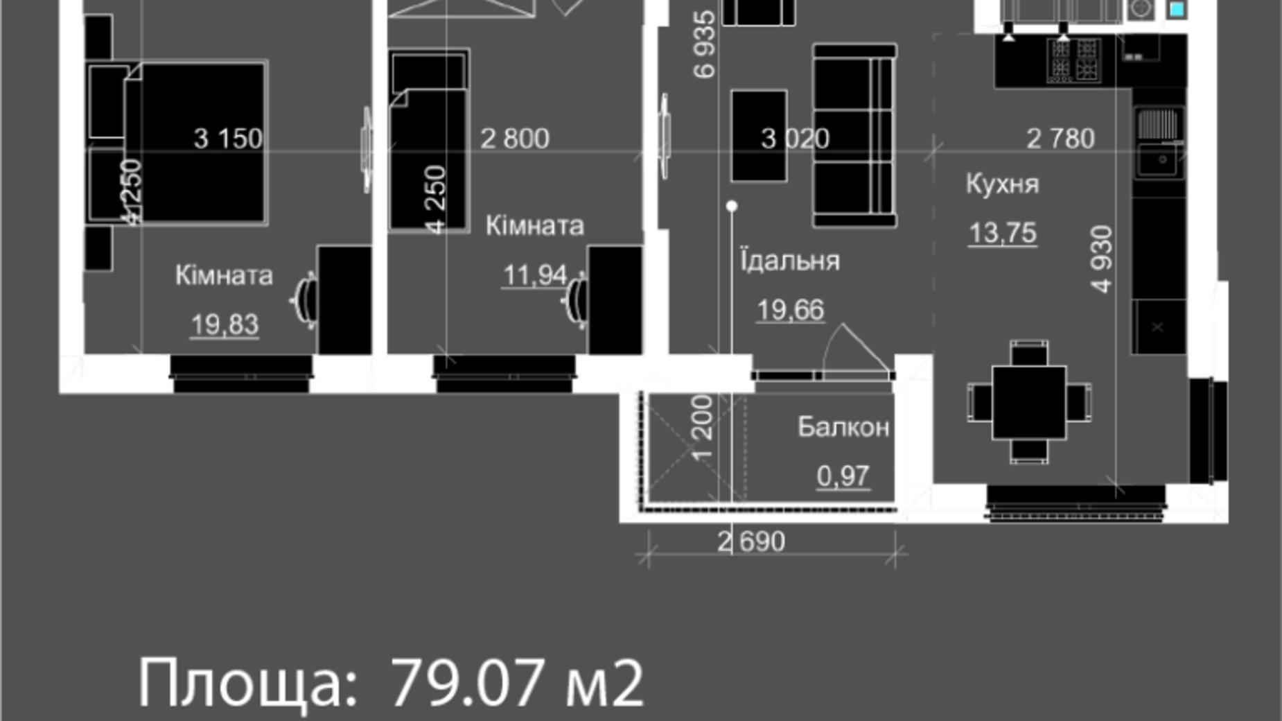 Планировка 2-комнатной квартиры в ЖК Nova Magnolia 79.07 м², фото 559301
