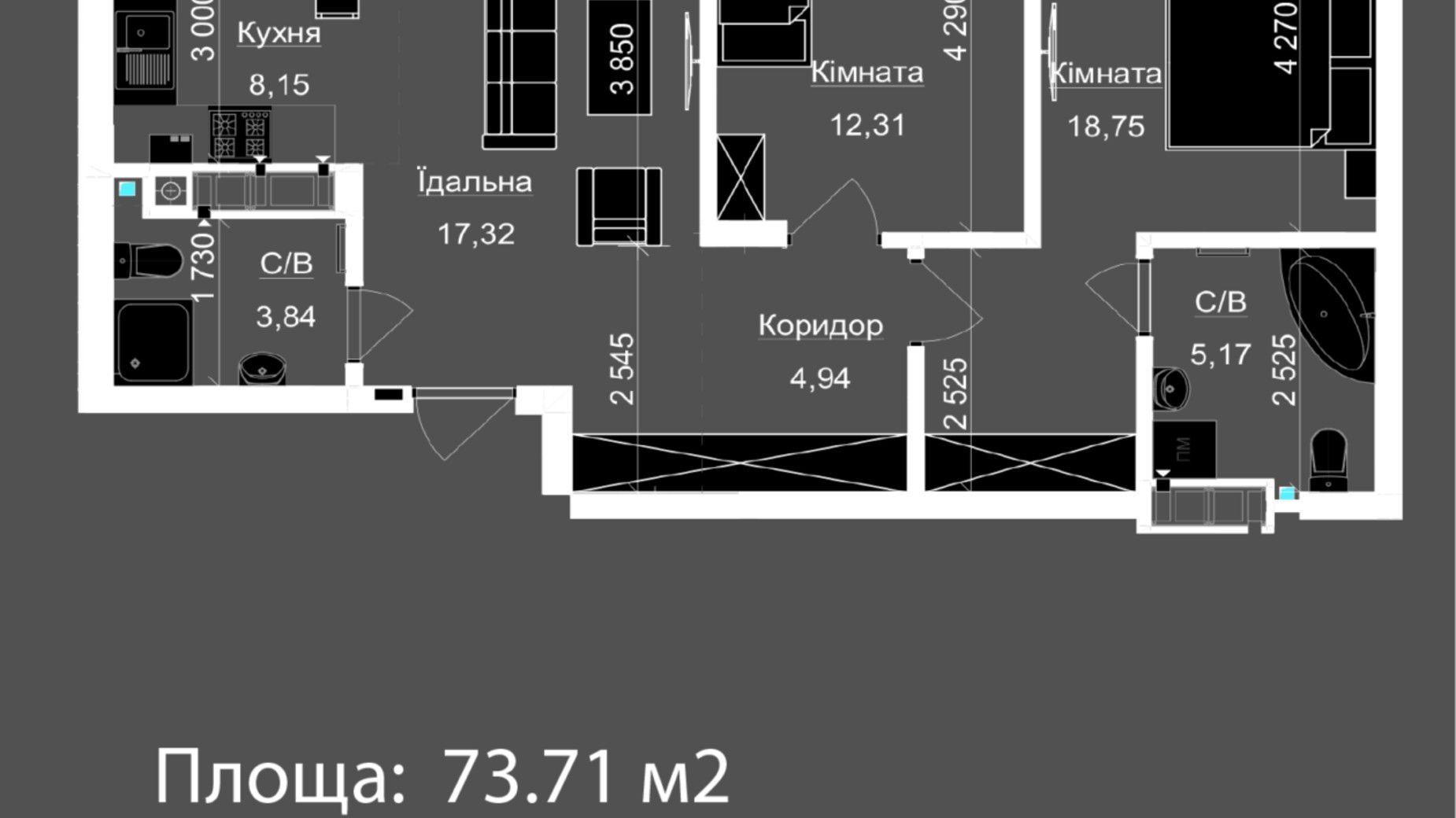 Планировка 2-комнатной квартиры в ЖК Nova Magnolia 73.03 м², фото 559302