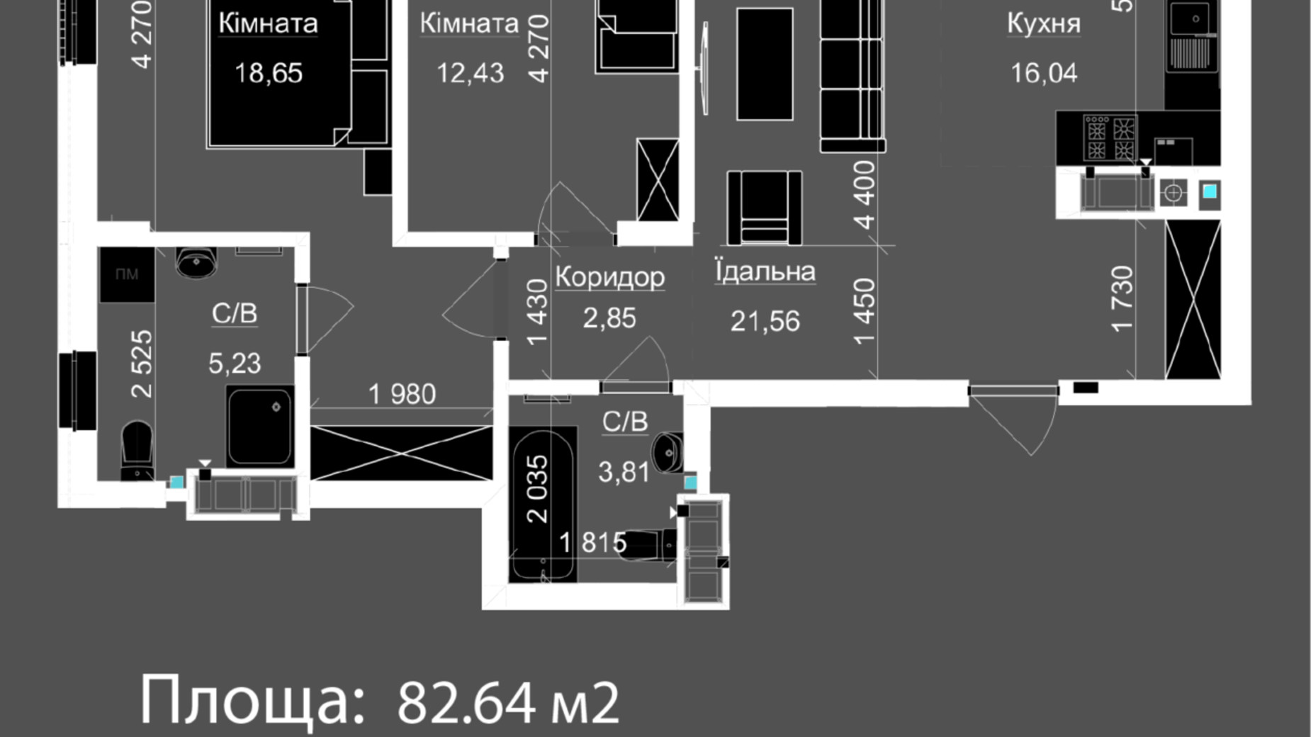 Планировка 2-комнатной квартиры в ЖК Nova Magnolia 82.64 м², фото 559303