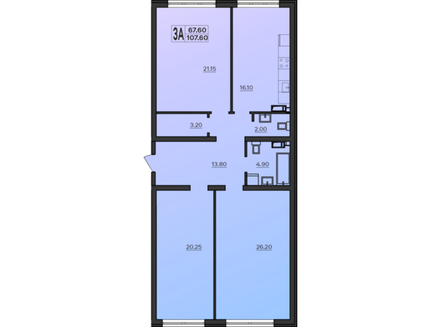 ЖК Острова: планировка 3-комнатной квартиры 107.7 м²