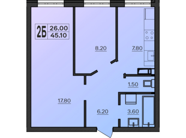 ЖК Острова: планировка 2-комнатной квартиры 45.1 м²