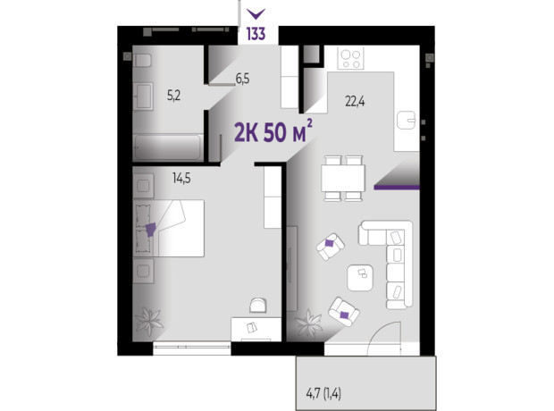 ЖК Wawel: планировка 2-комнатной квартиры 50 м²