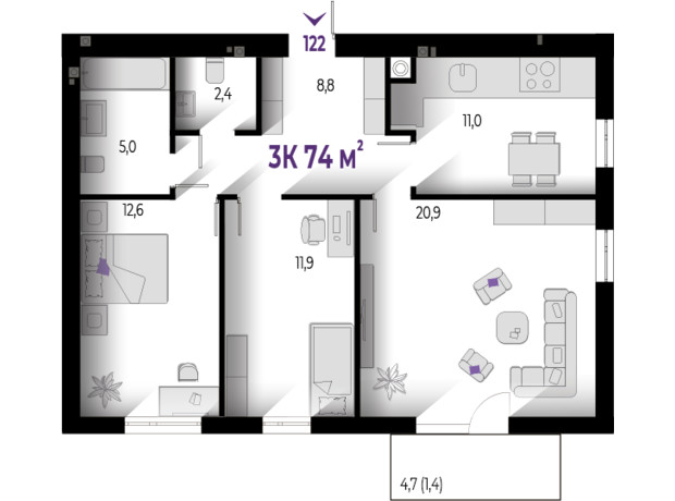 ЖК Wawel: планировка 3-комнатной квартиры 74 м²