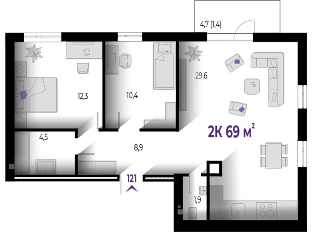 ЖК Wawel: планировка 2-комнатной квартиры 69 м²