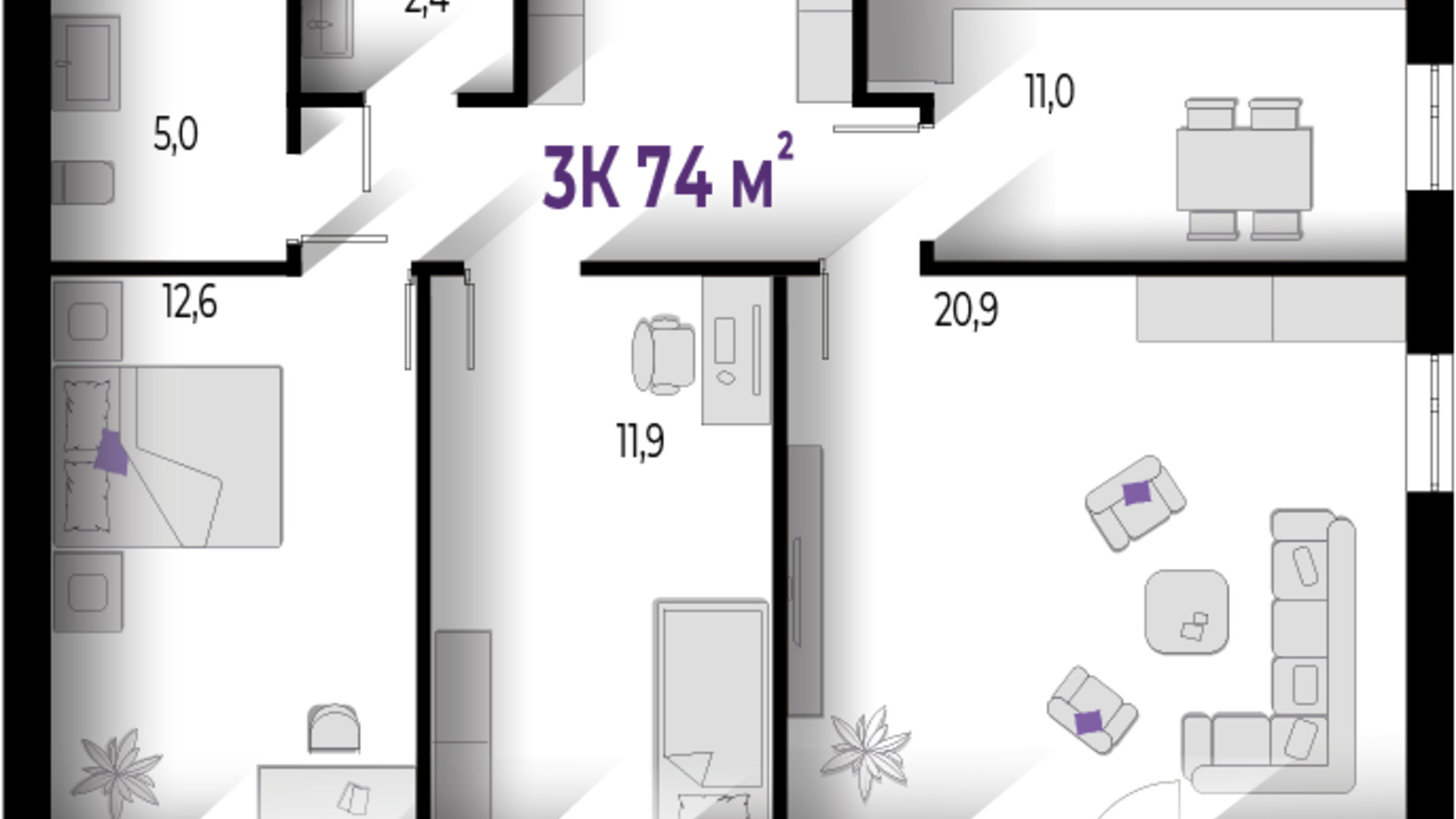 Планування 3-кімнатної квартири в ЖК Wawel 74 м², фото 559982