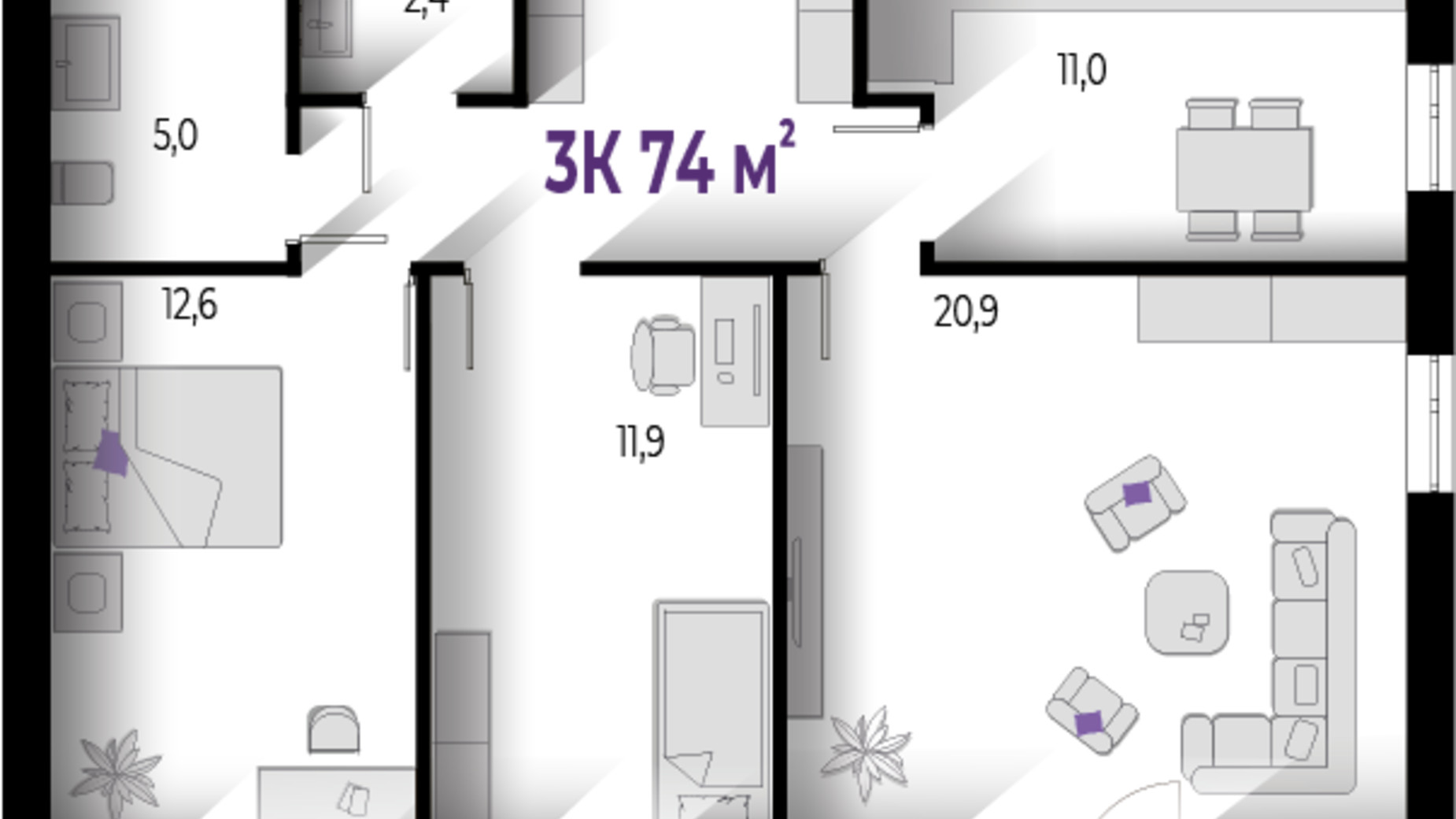Планировка 3-комнатной квартиры в ЖК Wawel 74 м², фото 559989