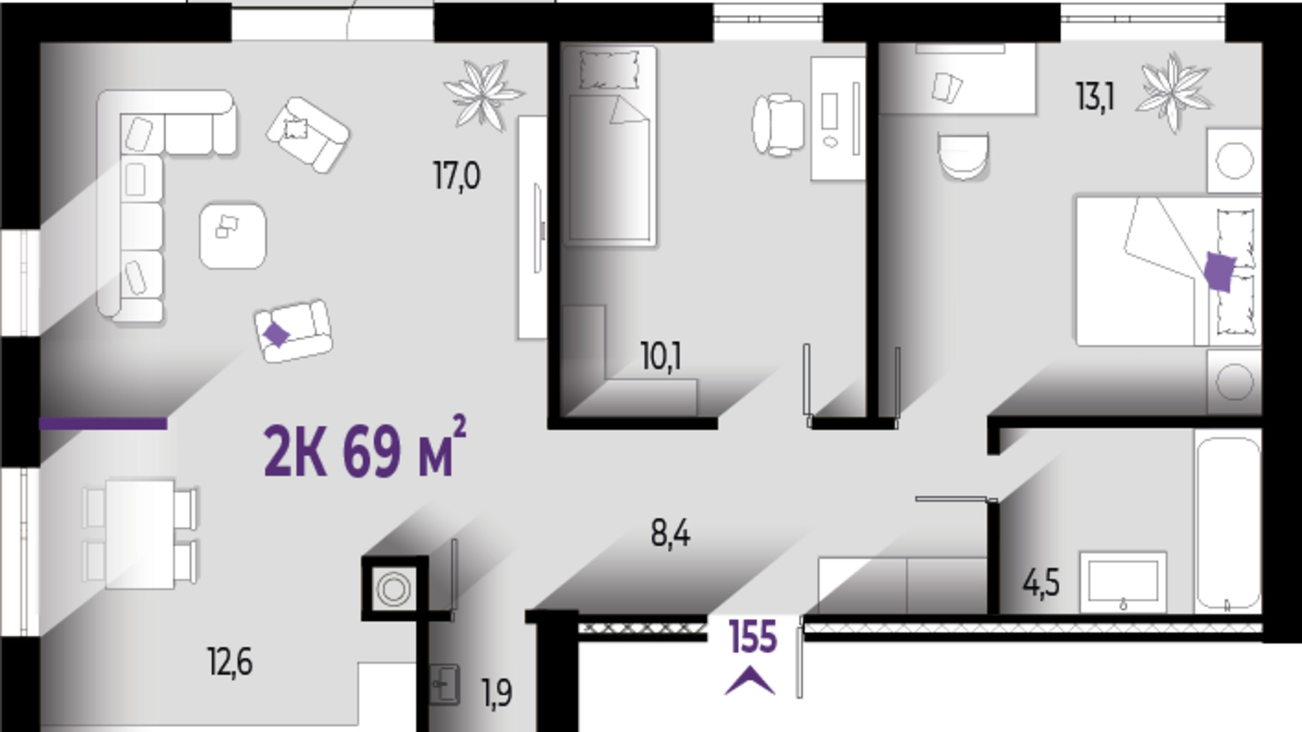 Планировка 2-комнатной квартиры в ЖК Wawel 69 м², фото 559991