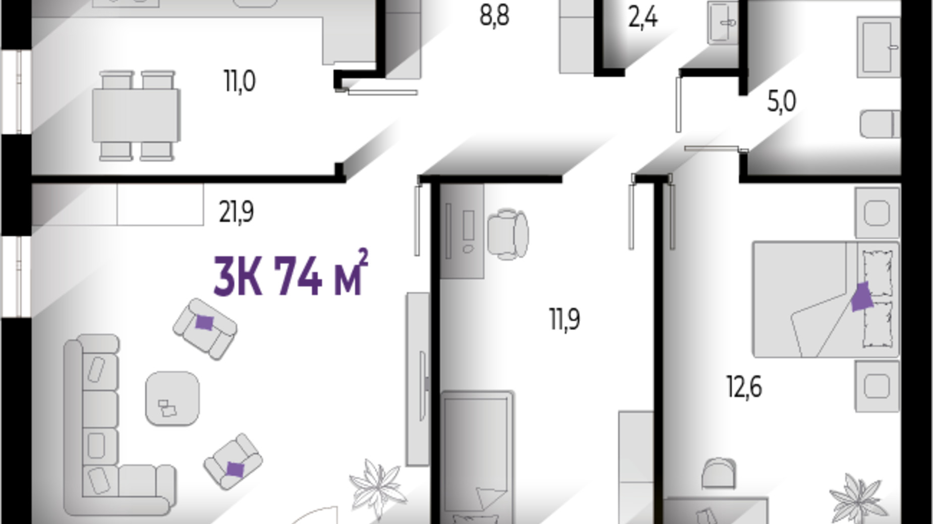 Планировка 3-комнатной квартиры в ЖК Wawel 74 м², фото 559992