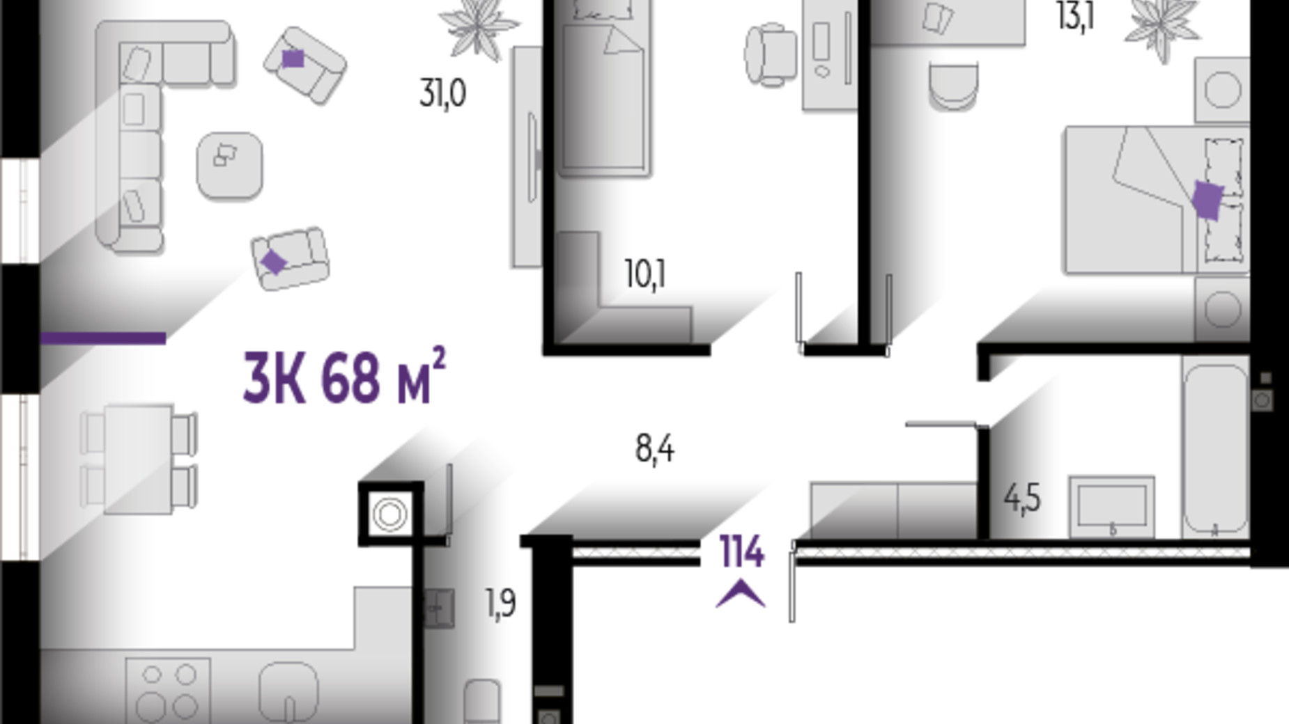Планировка 3-комнатной квартиры в ЖК Wawel 68 м², фото 559994