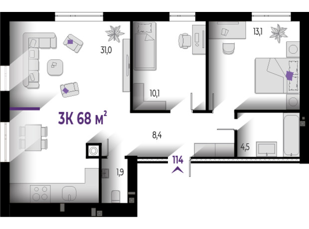 ЖК Wawel: планування 3-кімнатної квартири 68 м²