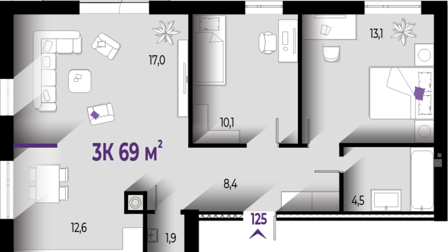 Планування 3-кімнатної квартири в ЖК Wawel 69 м², фото 559997