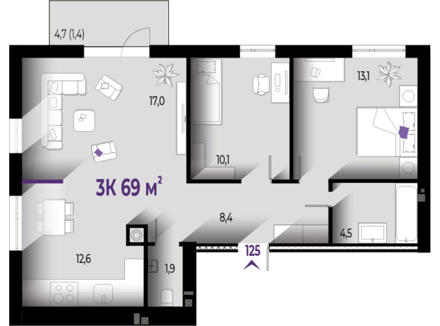 ЖК Wawel: планировка 3-комнатной квартиры 69 м²