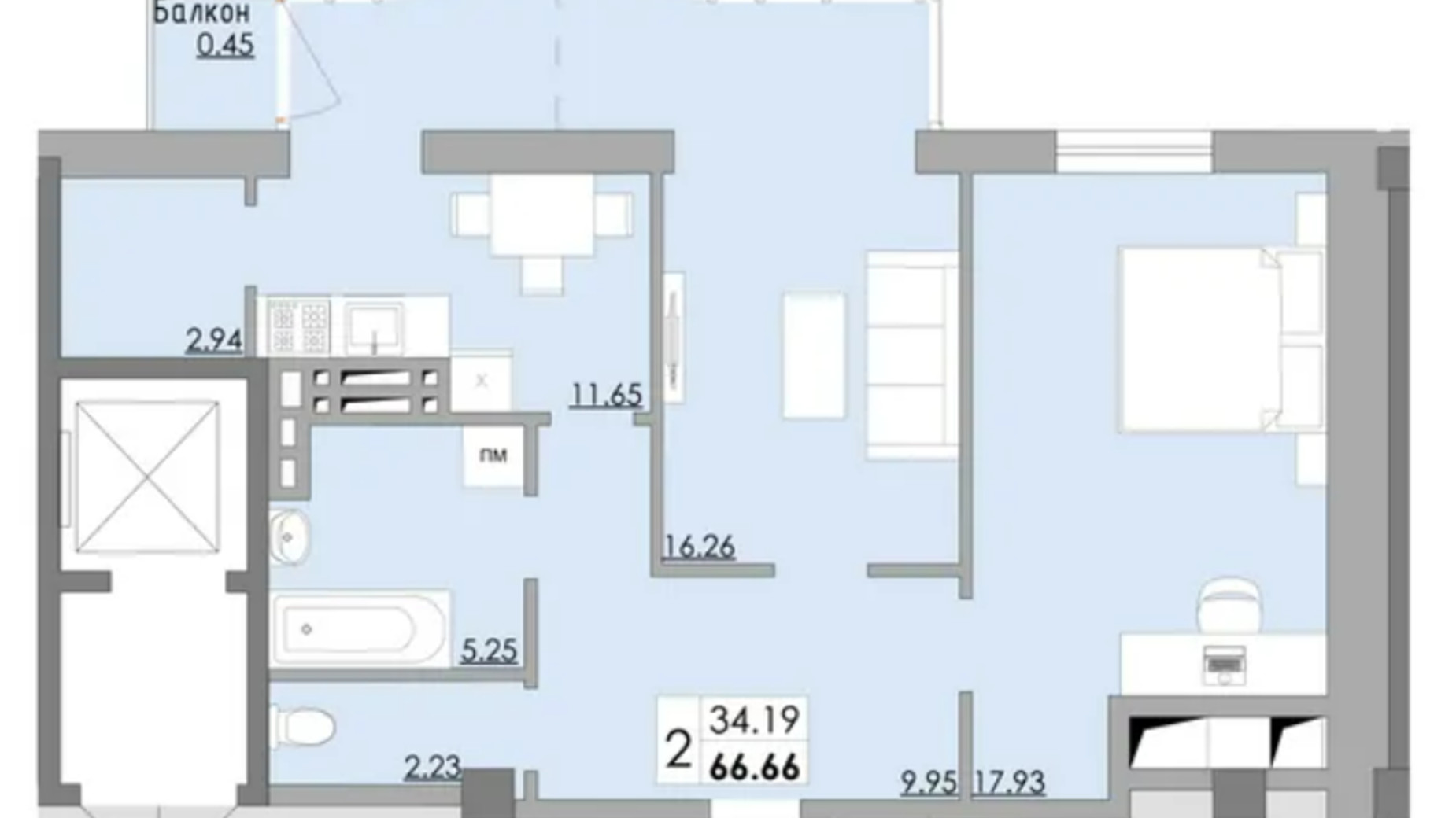 Планування 2-кімнатної квартири в ЖК Місто Мрій 66.66 м², фото 560052