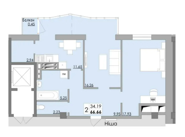 ЖК Місто Мрій: планування 2-кімнатної квартири 66.66 м²